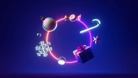 looping 3d animation, abstract festive background. Christmas neon background with gift box and festive ornaments fly spin and rotate endlessly Holiday wallpaper - Powered by Shutterstock - Get 15% off with code: PIKWIZARD15