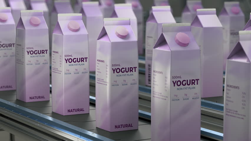 Packaging the Yogurt into the carton boxes on the mass production conveyor line. Mass production of the yogurt at the industrial facility. Mass production of natural organic dairy yogurt. | Shutterstock HD Video #1108755253
