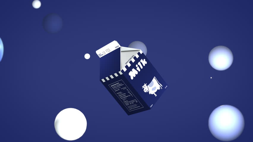 Carton of dairy drink is flying in the virtual background. Animation of a dairy drink container spinning in the blue background. Dairy milk drink with a cow on the package is moving in the background.