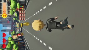 Playing the mobile phone runner video game. Having fun in the vertical digital runner video game. Runner character collecting coins on the obstacle course map in a video game. Smartphone.