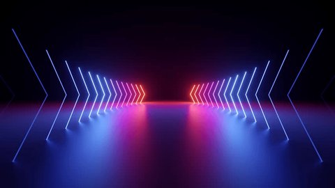 cycled 3d animation, abstract minimalist geometric background. Blue pink flashing neon counter arrows approaching, linear graphics leading to the center. Opposition concept - Βίντεο στοκ