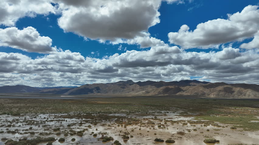 Mojave Desert's flooded plains after an unseasonal cloudburst aerial flyover