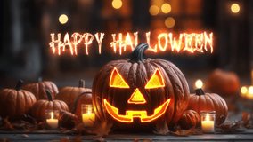 A grinning Pumpkin on a doorstep with candlelight. Happy halloween video with burning animation text