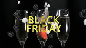 Animation of balloons and black friday text over strawberry falling in champagne filled flute glass. Digital composite, multiple exposure, drink, alcohol, party, shopping, abstract and celebration. - Powered by Shutterstock - Get 15% off with code: PIKWIZARD15