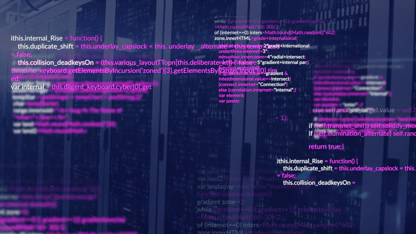 Animation of computer language and binary codes over data server racks in server room. Digital composite, multiple exposure, coding, programming language, data center, networking, technology concept. - Powered by Shutterstock - Get 15% off with code: PIKWIZARD15