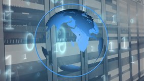 Animation of globe in circle and falling binary codes over moving bars on data server racks. Digital composite, multiple exposure, shape, globalization, computer language, data center and networking. - Powered by Shutterstock - Get 15% off with code: PIKWIZARD15