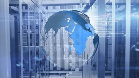 Animation of rotating globe and computer language with lens flares over data server systems. Digital composite, multiple exposure, globalization, coding, programming language, data center, networking. - Powered by Shutterstock - Get 15% off with code: PIKWIZARD15