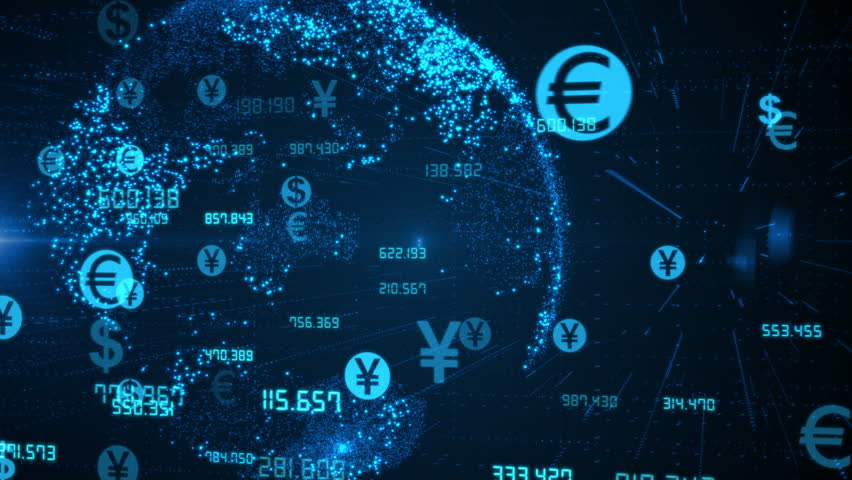 Global currencies exchange on abstract digital world map background. Stock market investment and trading concept. Transfer money technology and CBDC payments worldwide. Online banking account