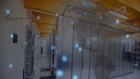 Animation of globe, computer language and lens flares over data server room. Digital composite, multiple exposure, globalization, coding, data center, networking, technology, network server concept. - Powered by Shutterstock - Get 15% off with code: PIKWIZARD15
