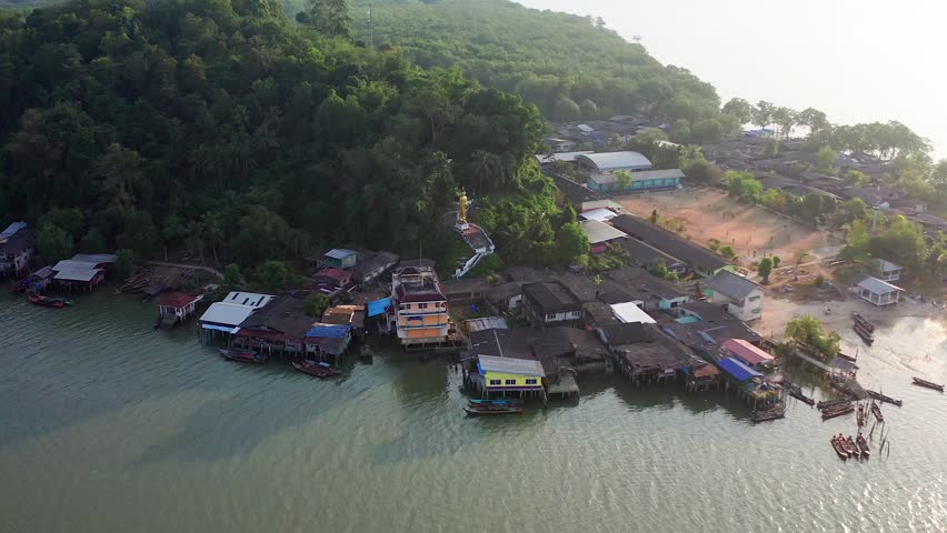 Aerial city view of Ranong and its estuary, Thailand