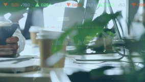 Animation of statistical data processing against mid section of a man using smartphone at a cafe. Global economy and business data technology concept - Powered by Shutterstock - Get 15% off with code: PIKWIZARD15