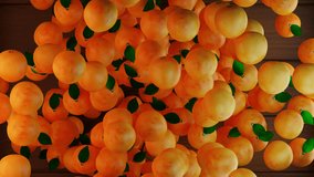3D animation of dozens of oranges falling in slow motion in a wooden box. and followed by an orange falling in slow motion. 4K animation for advertising, banners, graphic resources. 