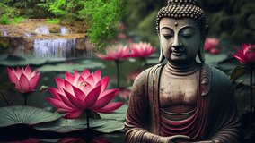 Buddha meditating waterfall and pond