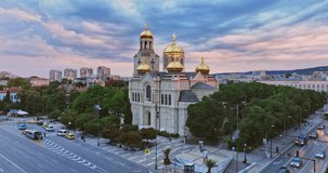 Varna, Bulgaria Aerial view of Cityscape and the famous building of The Cathedral of the Assumption in city center