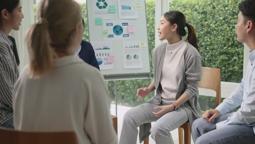 Circle diverse group asia Gen Z people workshop SDGs class learning Go green carbon credit project Future growth Net zero waste working in ESG office. Young asian woman talking in eco friendly meeting | Shutterstock HD Video #1108785583