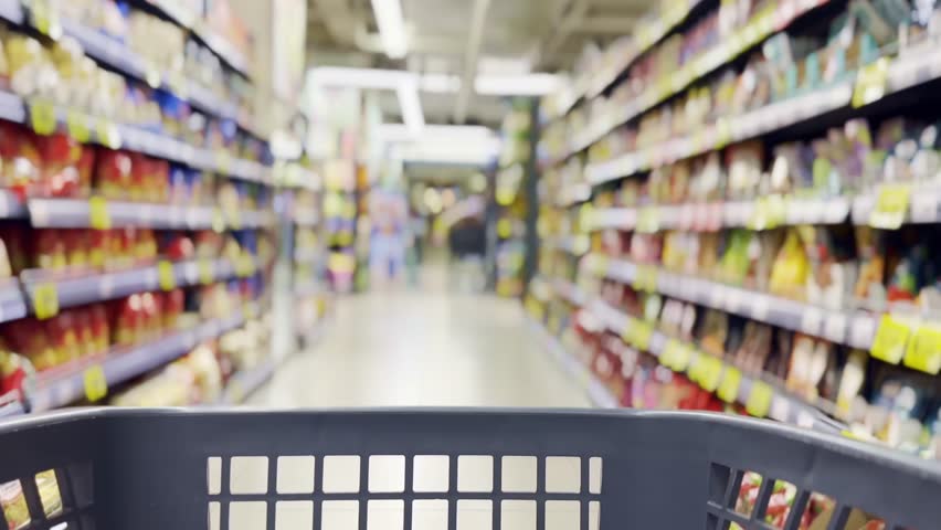 Blurred shelves of a supermarket, grocery store | Shutterstock HD Video #1108787595