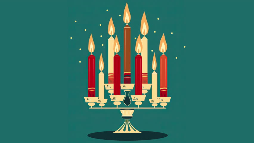 Hanukkah menorah candelabrum with nine lit candles. Video flat cartoon animation design element. 
