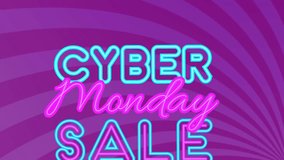Animation of cyber monday sale text over sunburst pattern against purple background. Digitally generated, hologram, illuminated, discount, shopping, sunburst, marketing and advertisement concept. - Powered by Shutterstock - Get 15% off with code: PIKWIZARD15