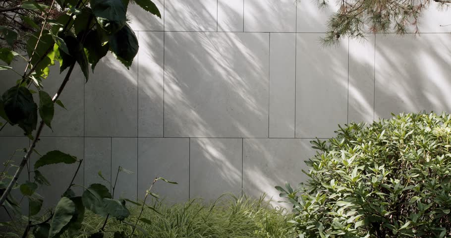 View on cottage garden yard, trees, lush bush and green grass growing on tiled wall background at sunny summer day. Sunlight and plants shadow on building facade outdoors.