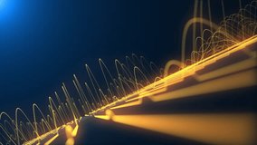 Glowing gold neon oscillating sine waveforms flowing up and down at high frequency towards the camera. This science oscillation concept motion background is 4K and a seamless loop. - Powered by Shutterstock - Get 15% off with code: PIKWIZARD15