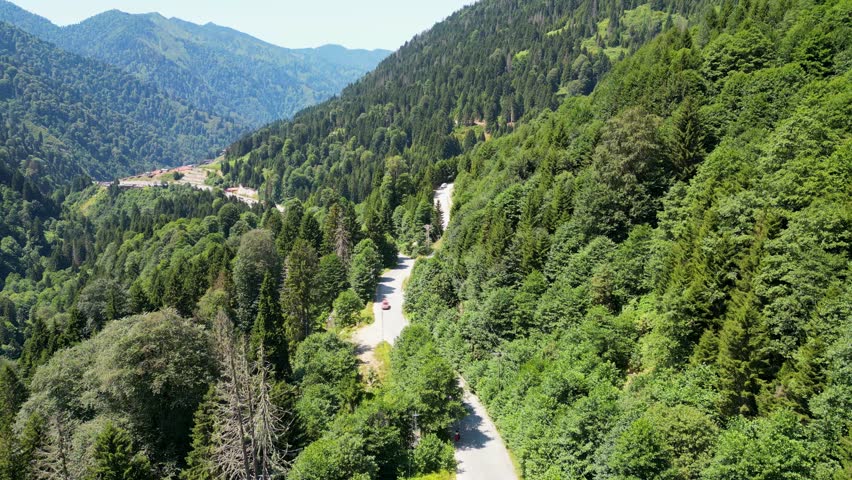 Aerial view of the road in the forest. Transportation concept. Cinematic drone shot flying over gravel road in pine tree forest