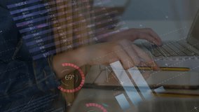 Animation of statistical data processing against caucasian woman using a laptop at office. Computer interface and business data technology concept - Powered by Shutterstock - Get 15% off with code: PIKWIZARD15