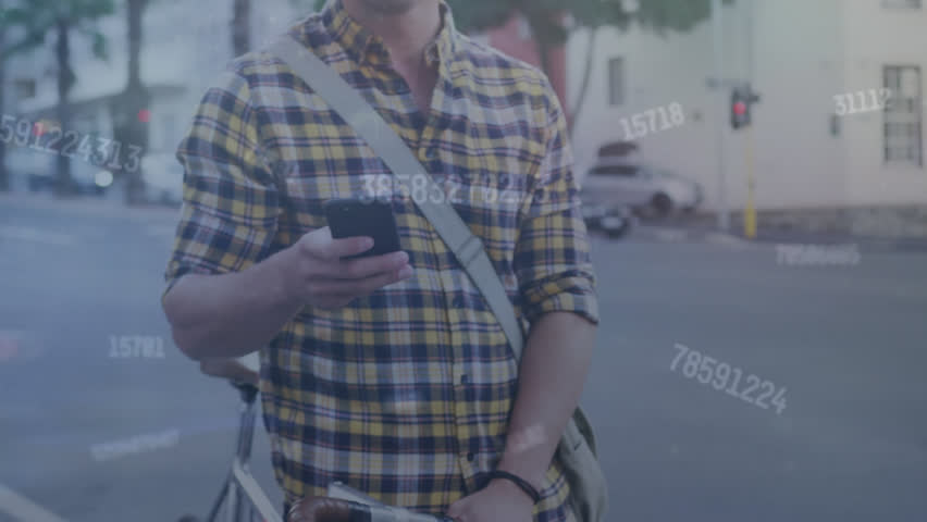 Animation of statistical data processing over caucasian man using smartphone smiling on the street. Computer interface and business data technology concept