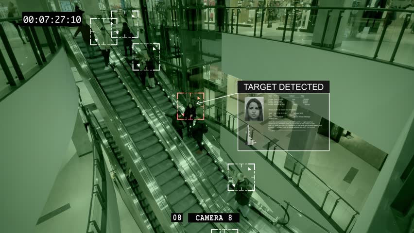 Automatic video surveillance system with biometric facial recognition identifies a person. Interface of the global CCTV camera system, for monitoring people, controlled by artificial intelligence. 4k  Royalty-Free Stock Footage #1108800801