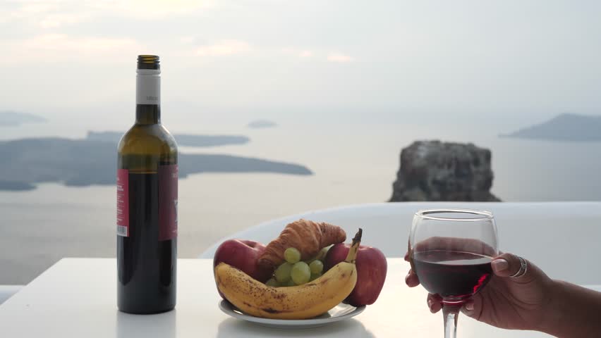 Romantic Couple, Cheers with Red Wine Glass. All Inclusive Resort in Santorini Greece, Romantic Couple Spa Getaway in Paradise. Wine Tasting Couple. Royalty-Free Stock Footage #1108803577