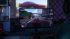 Controlling the fast racing car in the modern driving simulator challenge. Player controls the quick car on the street racing track. Controlling racing car to win the computer game mission.