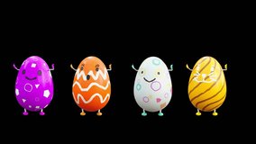 Easter Day, Happy Easter, eggs Dancing, 3d rendering, Animation Loop composition 3d mapping cartoon, included in the end of the clip with Luma matte.