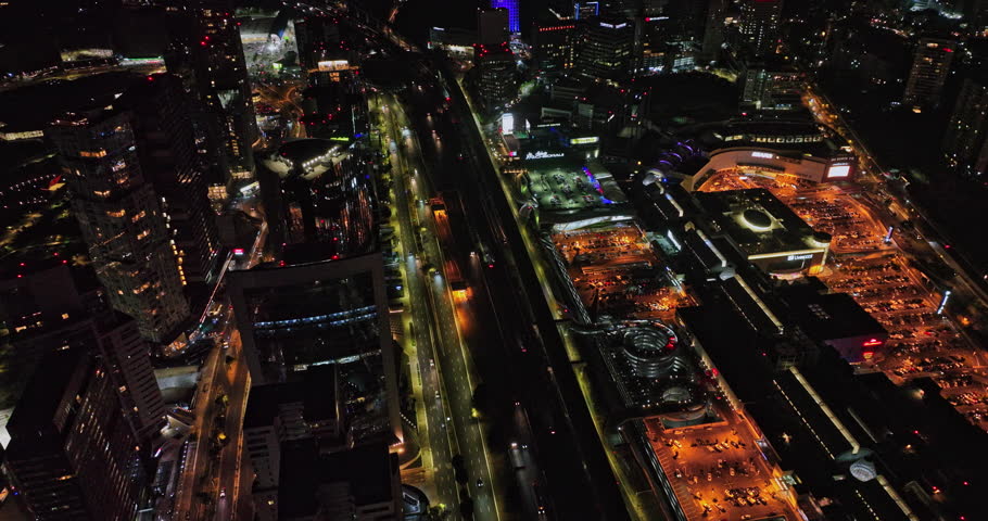 Mexico City Aerial v66 drone flyover highway la marquesa with night traffics, capturing shopping mall high rise buildings and towers on santa fe avenue - Shot with Mavic 3 Cine - January 2022