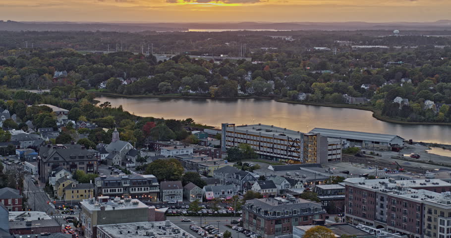 Portsmouth New Hampshire Aerial v20 pull out shot away from north mill pond capturing beautiful downtown cityscape with 18th century architectures - Shot with Inspire 2, X7 camera - October 2021