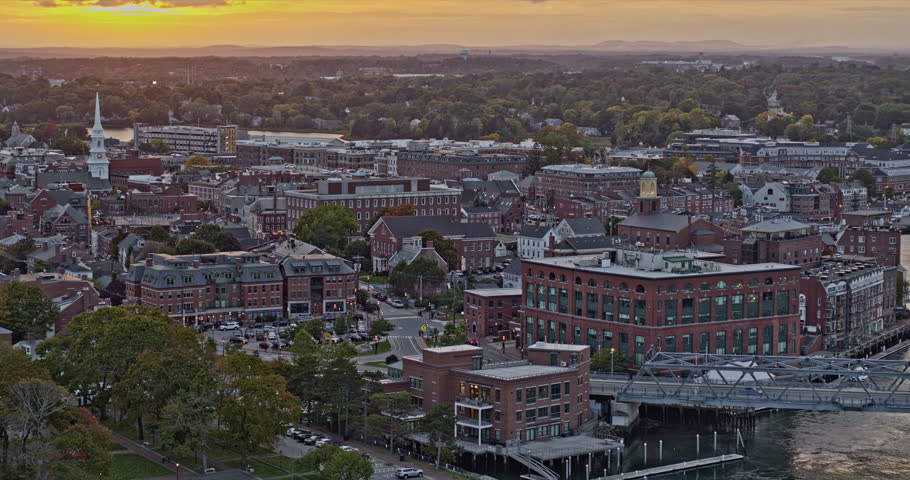 Portsmouth New Hampshire Aerial v19 birds eye view, flying along daniel street leading to congress, with victorian style brick row houses - Shot with Inspire 2, X7 camera - October 2021