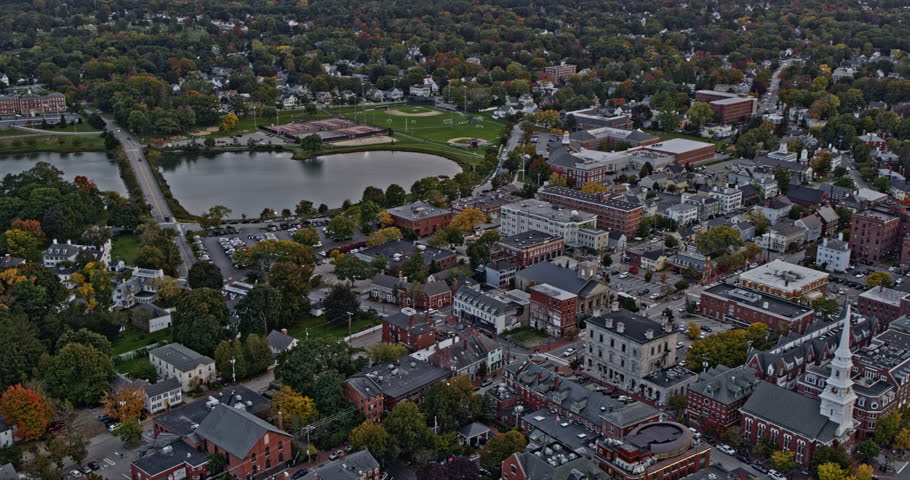 Portsmouth New Hampshire Aerial v13 high angle panoramic view across port city on the piscataqua river, capturing beautiful downtown cityscape at sunset - Shot with Inspire 2, X7 camera - October 2021