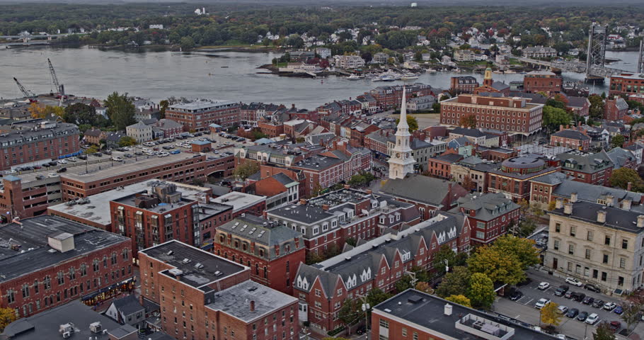 Portsmouth New Hampshire Aerial v12 birds eye view fly above the neighborhood capturing the downtown cityscape with 18th century buildings and housings - Shot with Inspire 2, X7 camera - October 2021