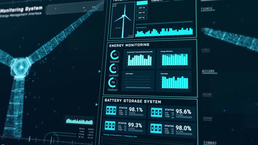 Futuristic wind turbine energy control center interface design, digital data network battery management system, green renewable power technology software, engineering iot HUD information 3d rendering Royalty-Free Stock Footage #1108808589