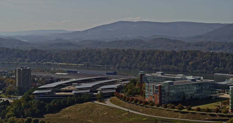 Chattanooga Tennessee Aerial v14 establishing pan shot from bcbst building on cameron hill leading to industrial sites across the river - Shot with Inspire 2, X7 camera - November 2020