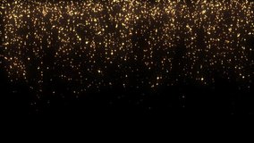 4k Gold Particles Rain. Motion Background. Golden glitter particle. Isolated on black. Animated Overlay. Defocused bokeh. Falling down glitzy lights. 2160p. 60 fps