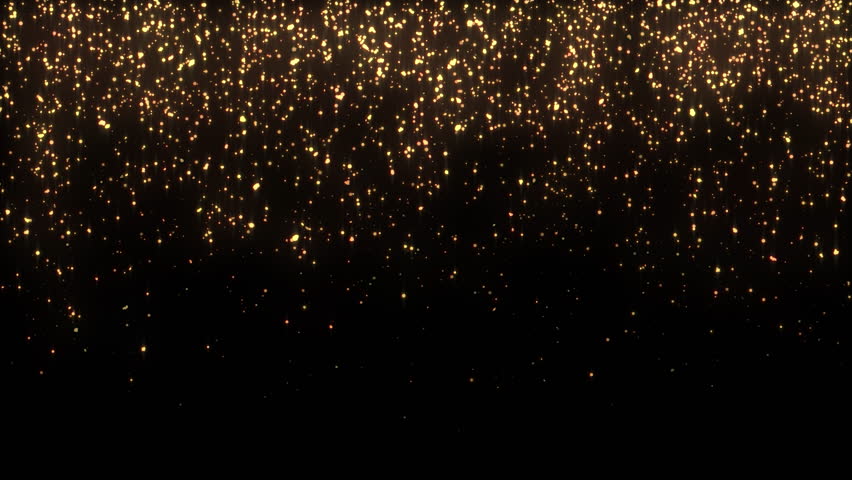 4k Gold Particles Rain. Motion Background. Golden glitter particle. Isolated on black. Animated Overlay. Defocused bokeh. Falling down glitzy lights. 2160p. 60 fps