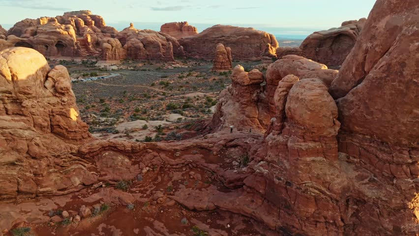 Golden Sunlight Over Canyons At Arches National Park In Moab, Utah, United States. Aerial Drone Shot Royalty-Free Stock Footage #1108816613