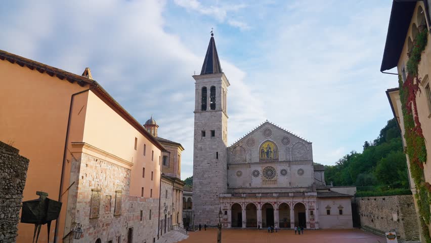 The Cathedral Of Santa Maria Assunta In Piazza del Duomo In Spoleto, Italy. Wide Shot