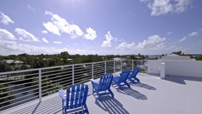 Contemporary Balcony Footage Video located in Florida, USA. Showcasing modern architectural design and development. Beautiful clear sky and commercial area view.