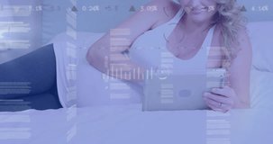Animation of data processing over caucasian pregnant woman using tablet. Global connections, pregnancy, data processing and digital interface concept digitally generated video.