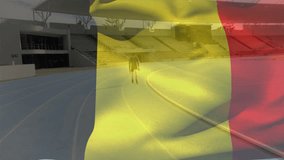 Animation of biracial male athlete with prosthetic leg running on track over waving belgium flag. Digital composite, sports, competition, artificial limb, disability, patriotism and pride concept. - Powered by Shutterstock - Get 15% off with code: PIKWIZARD15