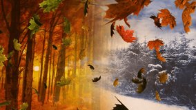 Animation of happy thanksgiving text and autumn leaves falling against park and winter landscape. Thanksgiving and fall season concept - Powered by Shutterstock - Get 15% off with code: PIKWIZARD15