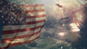 Animation of happy thanksgiving text banner and autumn leaves falling against waving usa flag. Thanksgiving, fall season and patriotism concept - Powered by Shutterstock - Get 15% off with code: PIKWIZARD15