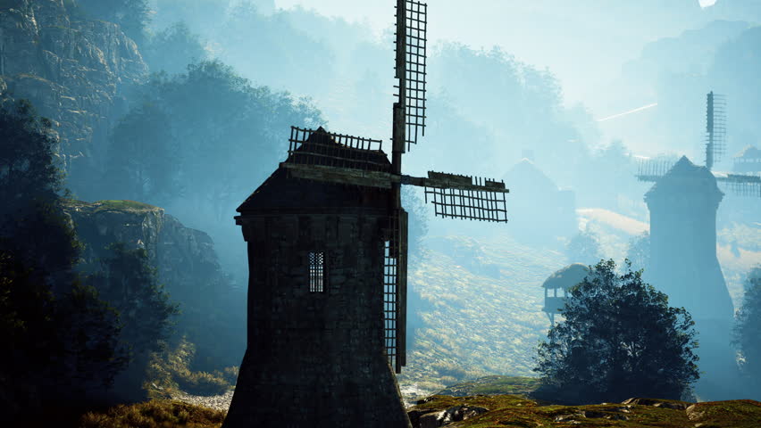 Countryside landscape with old windmill among hills Royalty-Free Stock Footage #1108825841