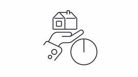 Estate tax line animation. Levitating house above hand animated icon. Pie chart with emerging sector. Home mortgage. Black illustration on white background. HD video with alpha channel. Motion graphic