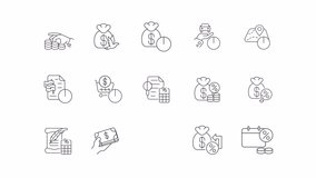 Taxes animation set. Financial responsibility animated line icons. Payment law. Federal income. Accounting service. Black illustrations on white background. HD video with alpha channel. Motion graphic